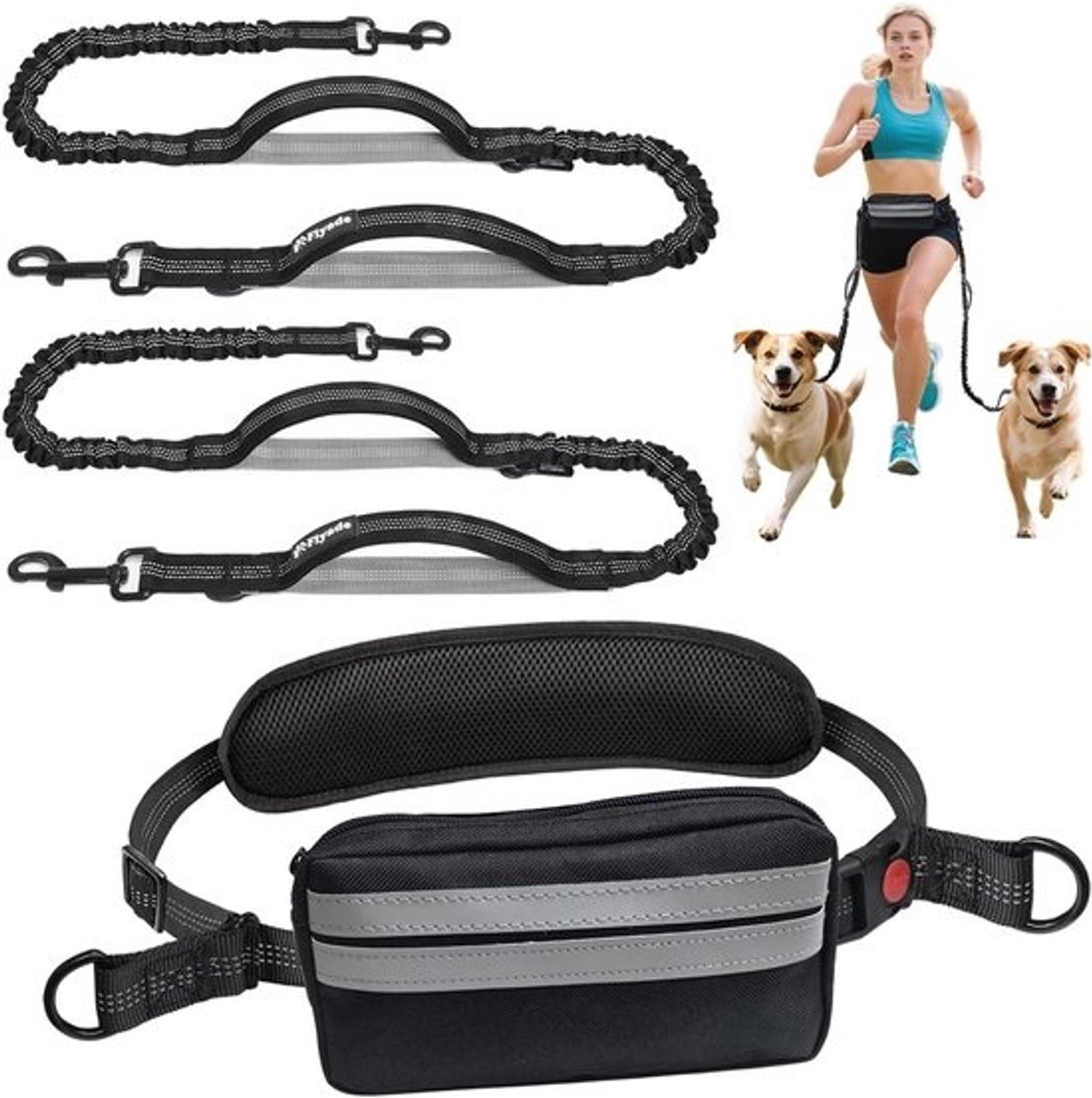 Handsfree hondenriem met heupriem en heuptas – reflecterende bungee-riem voor middelgrote en grote honden. - voor 2 honden - verstelbaar - zwart