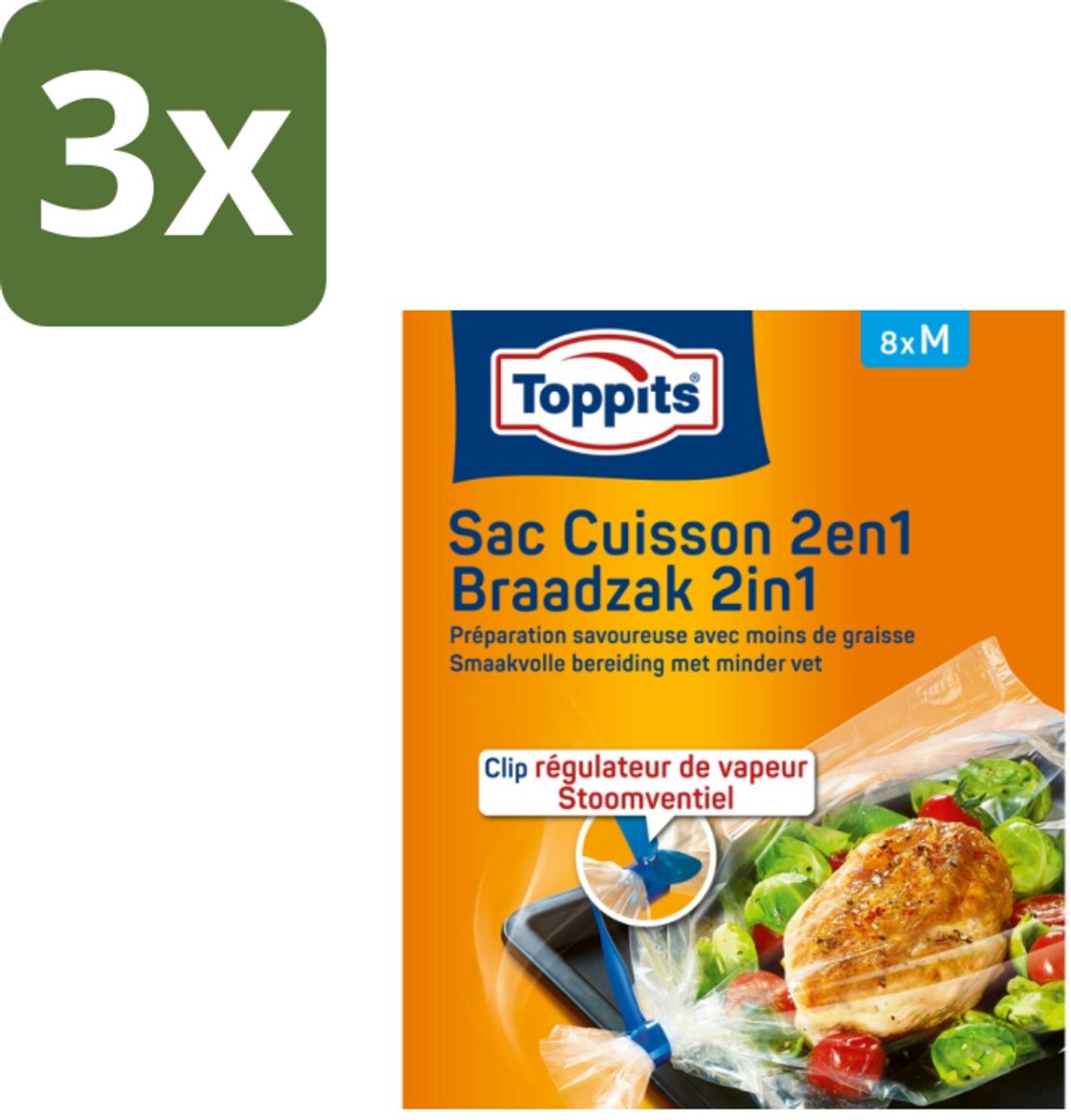 Toppits – 2-in-1 Braad- & Stoomzakken – Maat M – 8 Zakjes - Bulkverpakking - 3 stuks