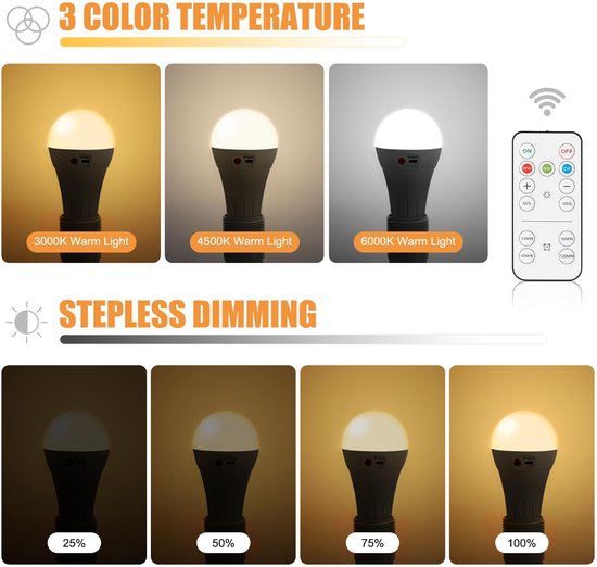 Oplaadbare lamp 2 stuks - E27 oplaadbare lamp met afstandsbediening - 7w 2000mah dimbare lamp - Oplaadbare lampen voor binnen - Oplaadbare campinglamp - Werkt bij stroomuitval — afbeelding 4
