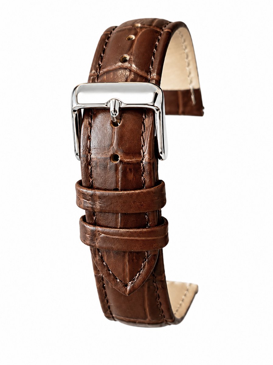 Horlogeband-Horlogebandje-14mm-Bruin-Donker Bruin-Echt leder-Gevuld-leer-Plat-Zacht-Soepel-Croco Print-Gestikt-Stalen Gesp-14 mm