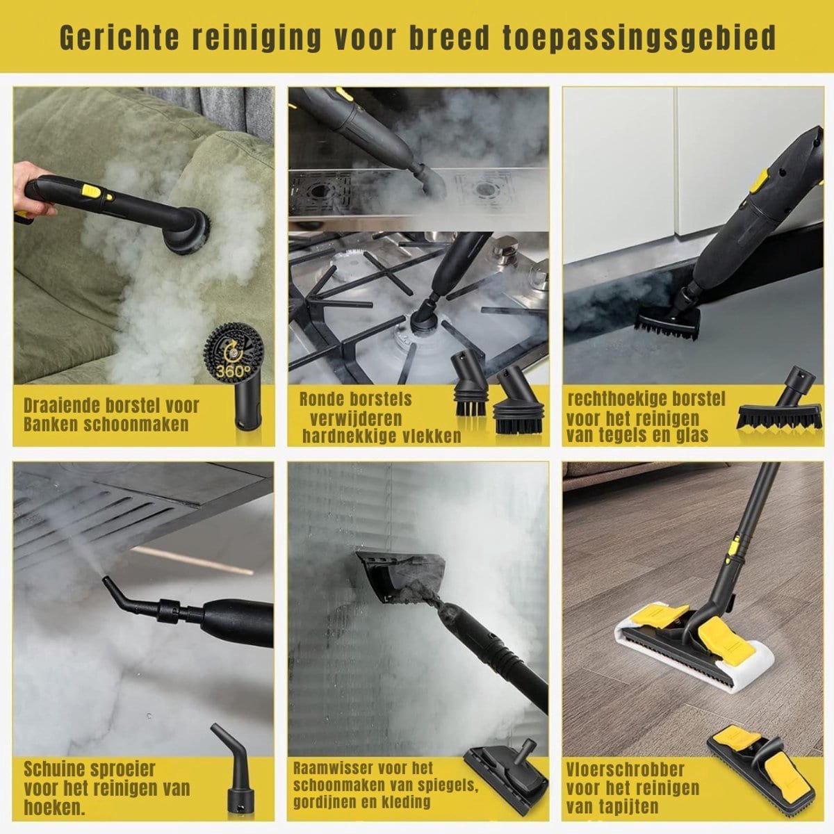 Klarven® Stoomreiniger Vloer Geel - 2000W, 5 Bar Stoomdruk, Reinigt Zonder Schoonmaakmiddelen - 13 Accessoires, 142 cm Slang, 5 m Snoer - B 36 x D 33 x H 48 cm