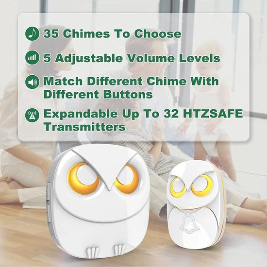 Draadloze deurbel-Leuke Uil Deurbel Set-Weerbestendig IP55-Buiten afstandsbediening drukknop-1000 voet lang draadloos bereik-35 Klassieke melodieën optioneel-5 volumeniveaus en LED-flitser-2 ontvangers + 1 zender-Wit — afbeelding 2