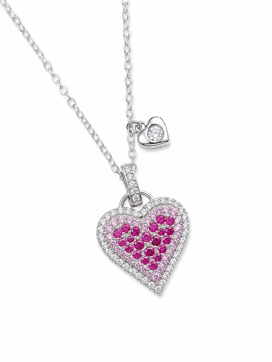 Ketting Meisje- Meisjesketting Hartje- Zilverkleurige ketting meisje- Ketting Strass Diamant- Roze steentjes- Tienerketting- Stainless Steel- RVS- Ketting met hart- Kind- LiLaLove