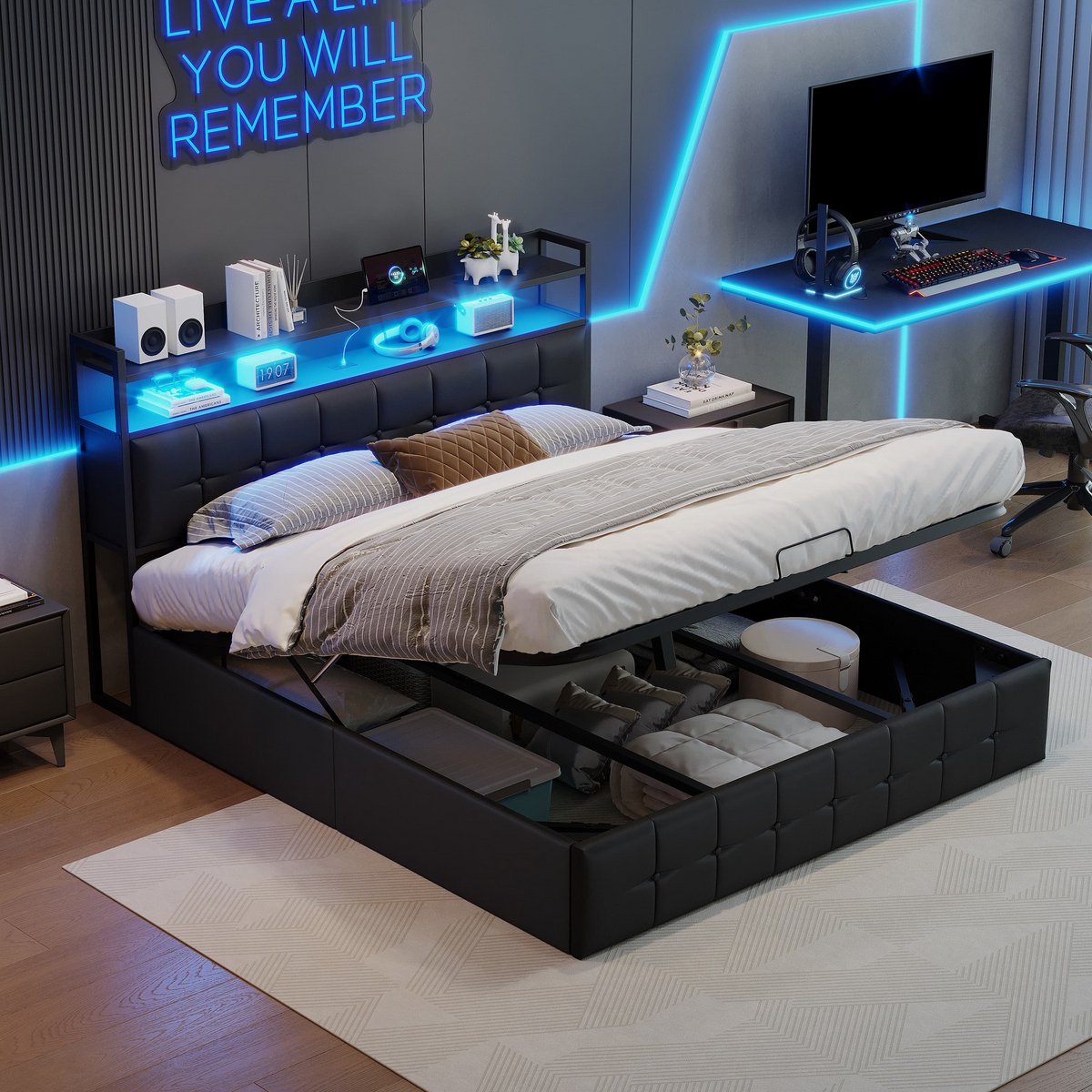 Tweepersoonsbed 160x200 cm, volwassen bed met LED en opbergruimte, gestoffeerd hoofdbord met vakken, opbergbed, PU, zwart, zonder matras