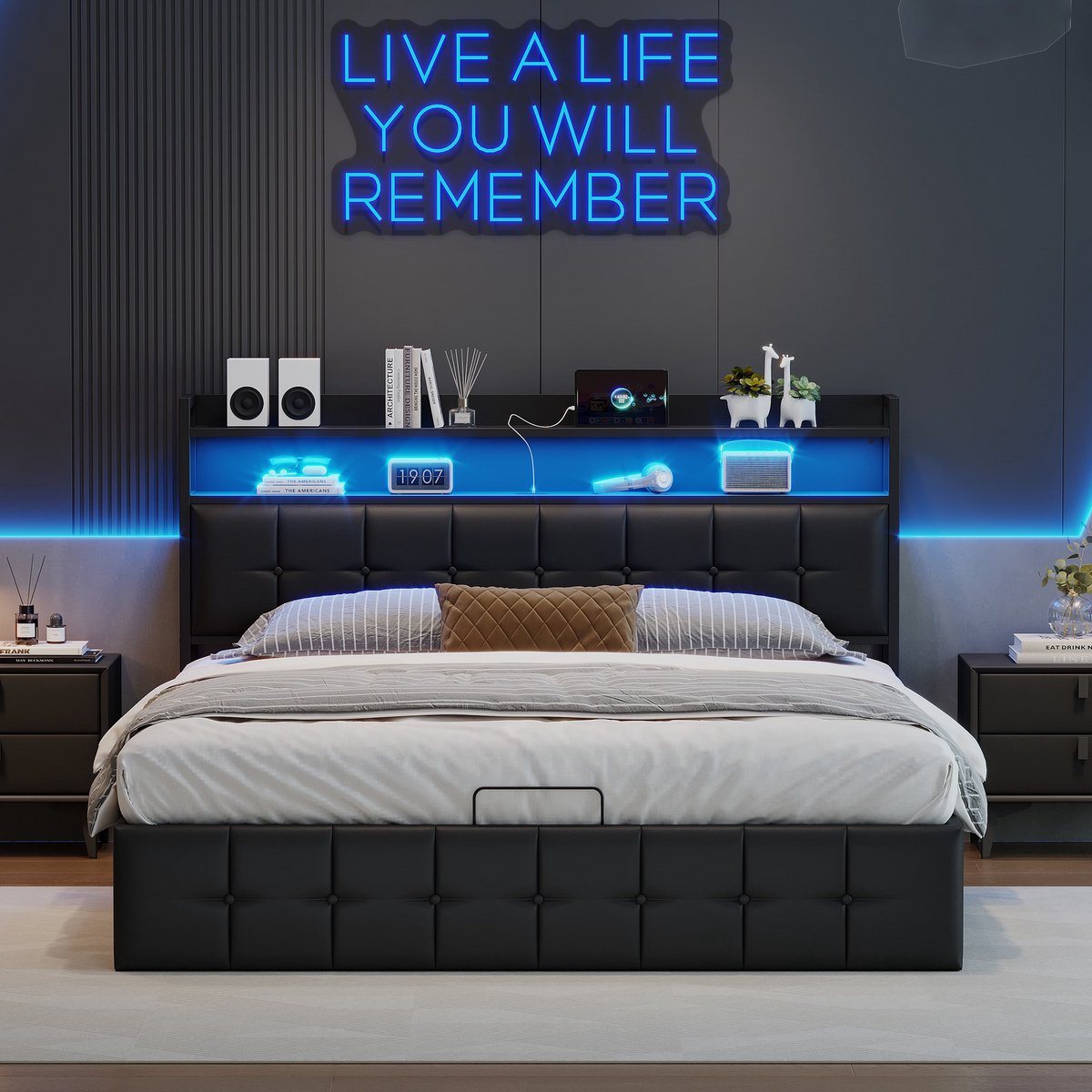 Tweepersoonsbed 140x190 cm, volwassen bed met LED en opbergruimte, gestoffeerd hoofdbord met vakken, opbergbed, PU, zwart, zonder matras