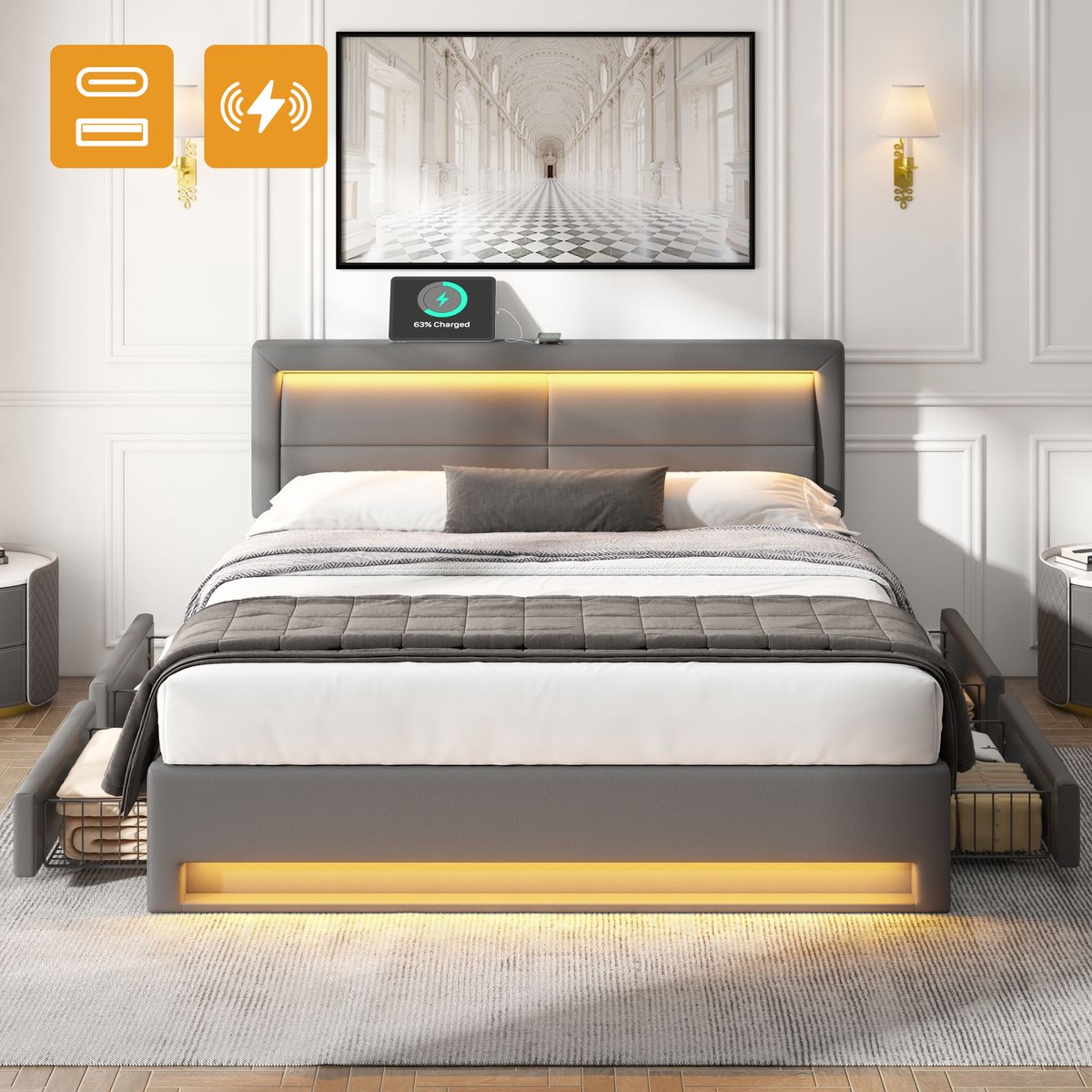 Gestoffeerd bed met draadloze en bedrade USB-oplader en LED - 140x200 cm tweepersoons - grijs - 4 opberglades en sfeerverlichting - PU-lychee patroon - inclusief lattenbodem