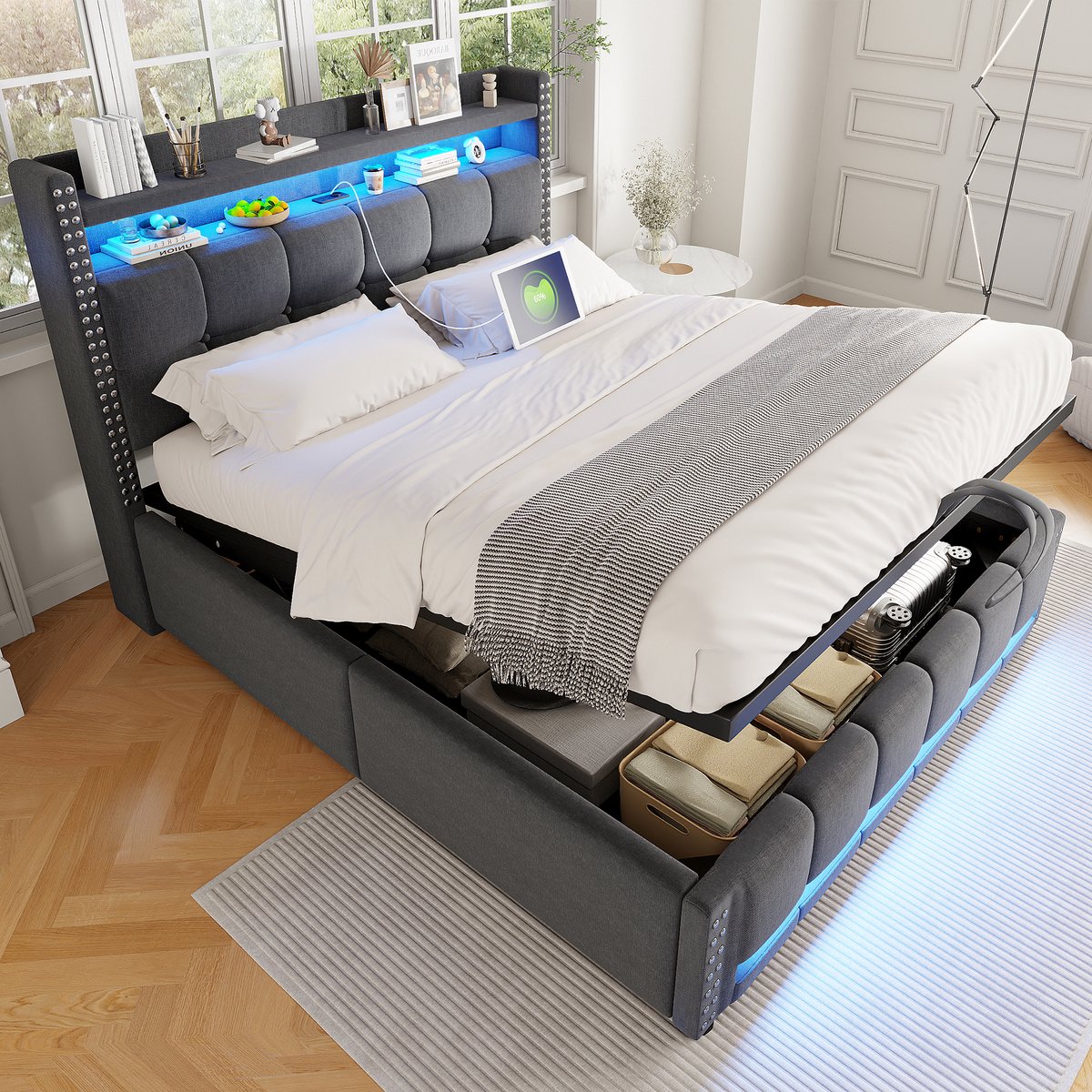 Gestoffeerd opbergbed 140x200 cm - LED-sfeerverlichting, USB-oplaadpoorten en hydraulische opbergruimte - 2 personen - Grijs linnen - Opbergvakken in hoofdeinde - Stabiel frame tot 250 kg