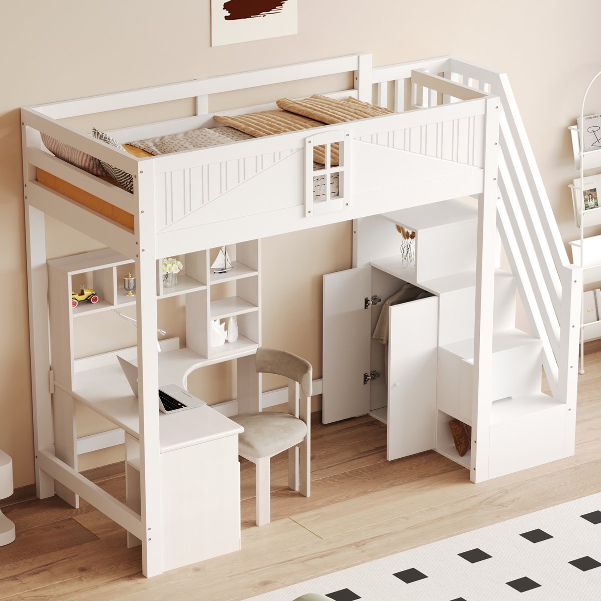 Massief houten kinderhoogslaper - Veiligheidsraam en opbergladder - 90x200 cm voor 1 persoon - Wit - Uniek hekwerk met raam - Opbergvakken en flexibele ladder - Multifunctionele ruimte onder bed