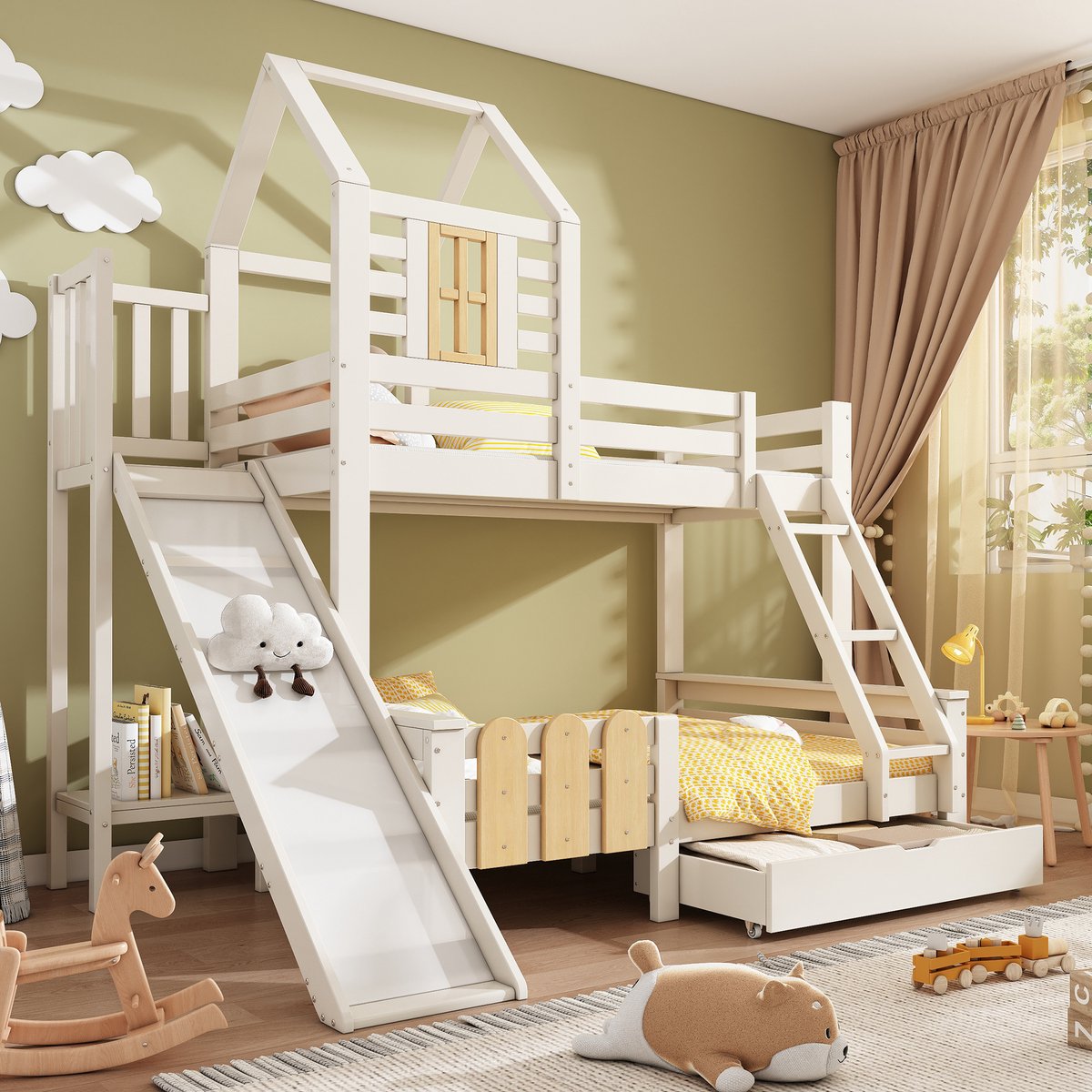 Houten stapelbed in huisvorm - Met glijbaan, ladder en opberglade - Bovenbed 90x200, onderbed 140x200 cm - Wit en naturel - EN747-1:2024 gecertificeerd - Blokhutstijl met venster - Inclusief lattenbodems