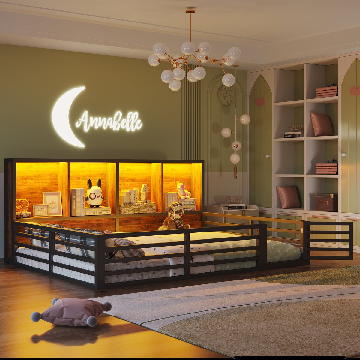 Platformbed met omheining - Veilig en functioneel slaapmeubel - 140x200 cm - Geschikt voor 2 personen - Zwart - Opbergvakken en LED-verlichting - Inclusief lattenbodem - Stabiel metalen frame