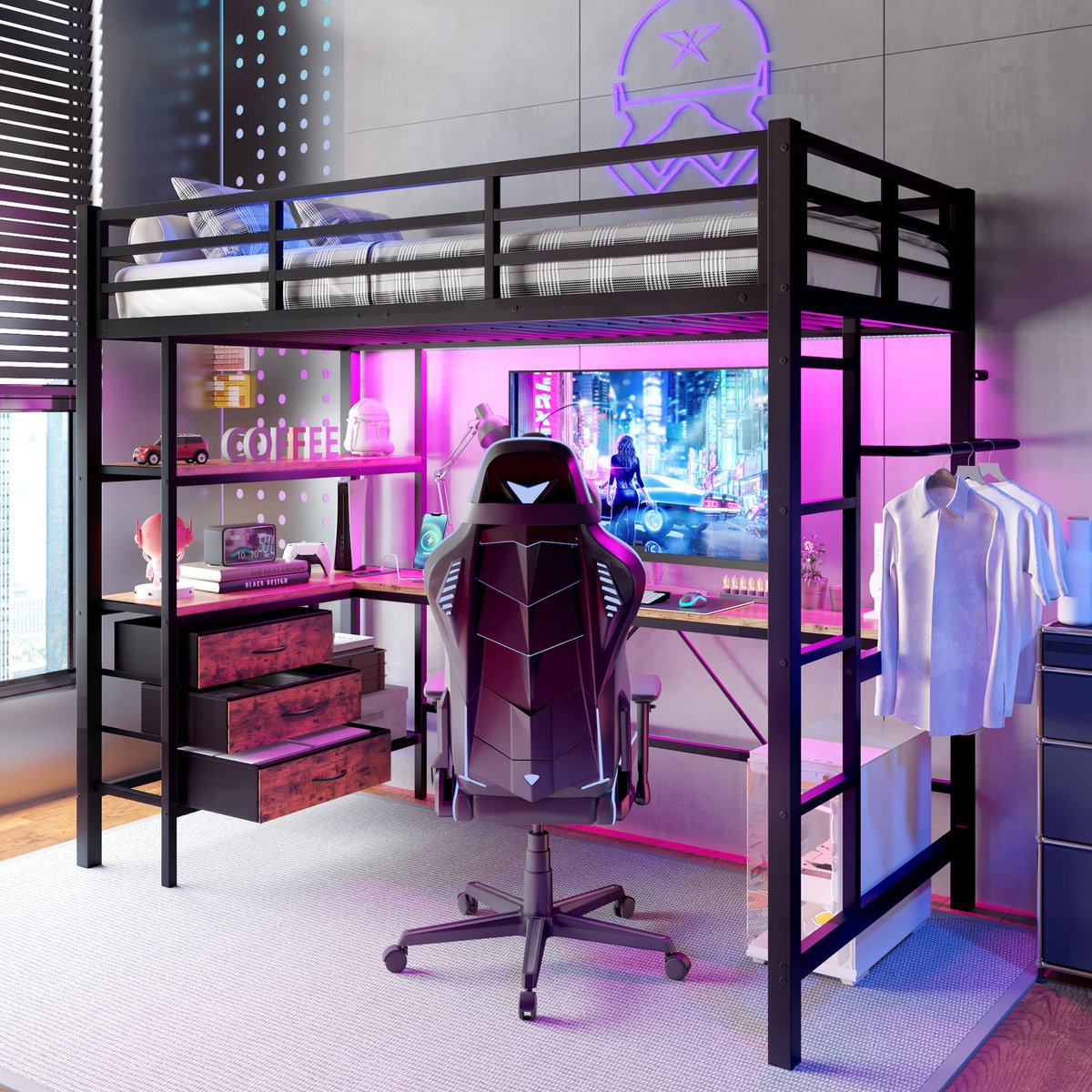 Hoogbed 90x200 cm - Bureau met LED, stopcontact en USB - Zwart - 3 laden, legplanken en droogstang - Stabiel stalen frame