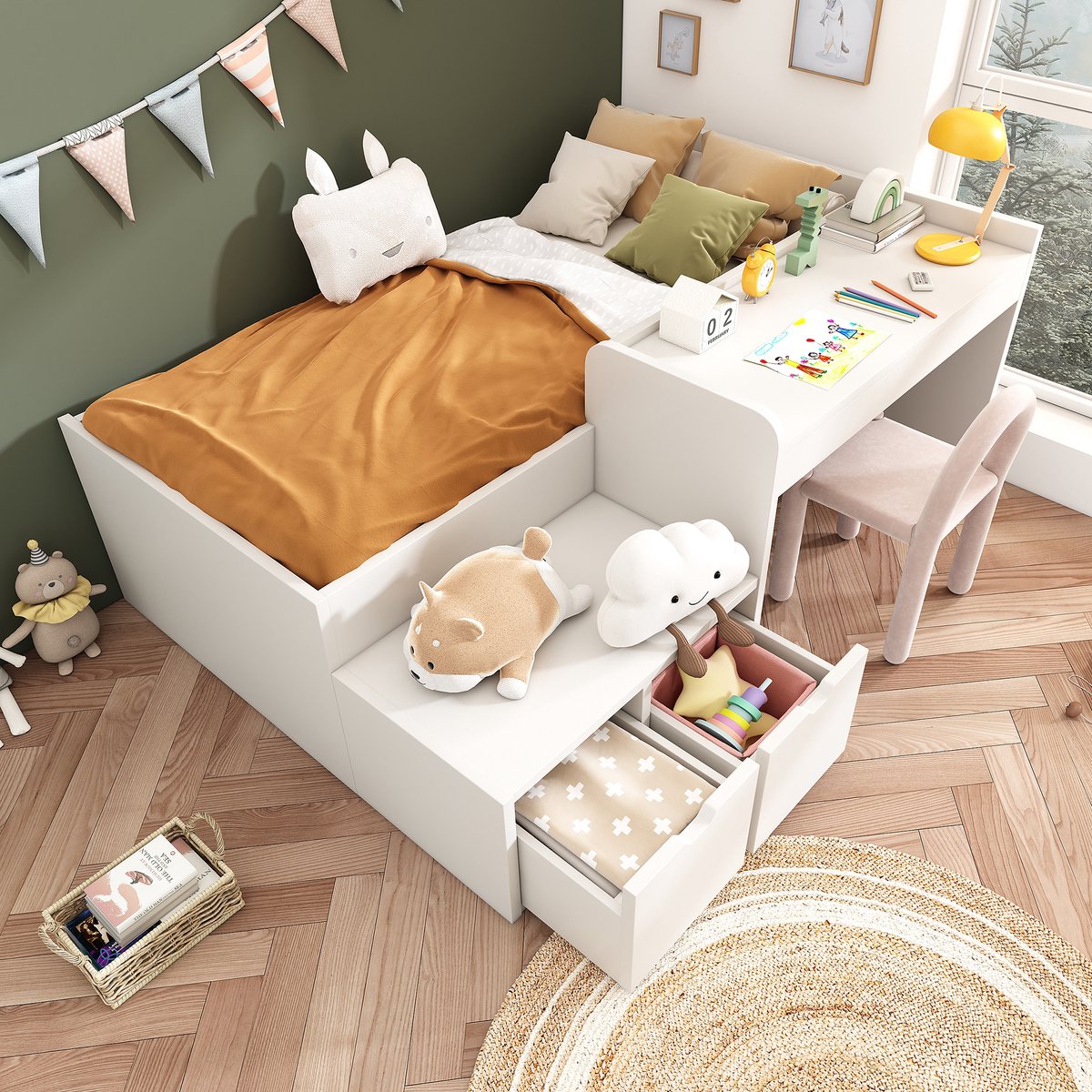 Houten kinderbed met bureau en opberglades - Multifunctioneel eenpersoonsbed 90x200 cm - Wit - Massief grenenhout en MDF - Inclusief lattenbodem, verhoogde zijpanelen voor veiligheid - Geschikt voor compacte kinderkamers