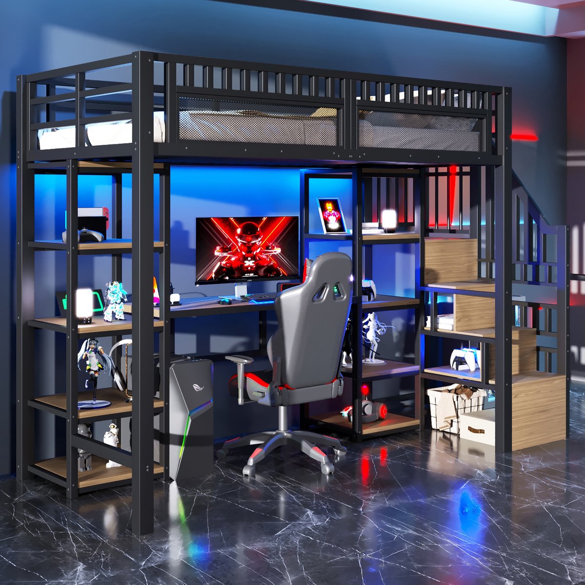 Metalen hoogslaper 90x200 cm - met bureau, opbergtrap en LED-verlichting - eenpersoons - zwart - app-gestuurde LED-strip met USB-poort - stevig stalen frame tot 250 kg
