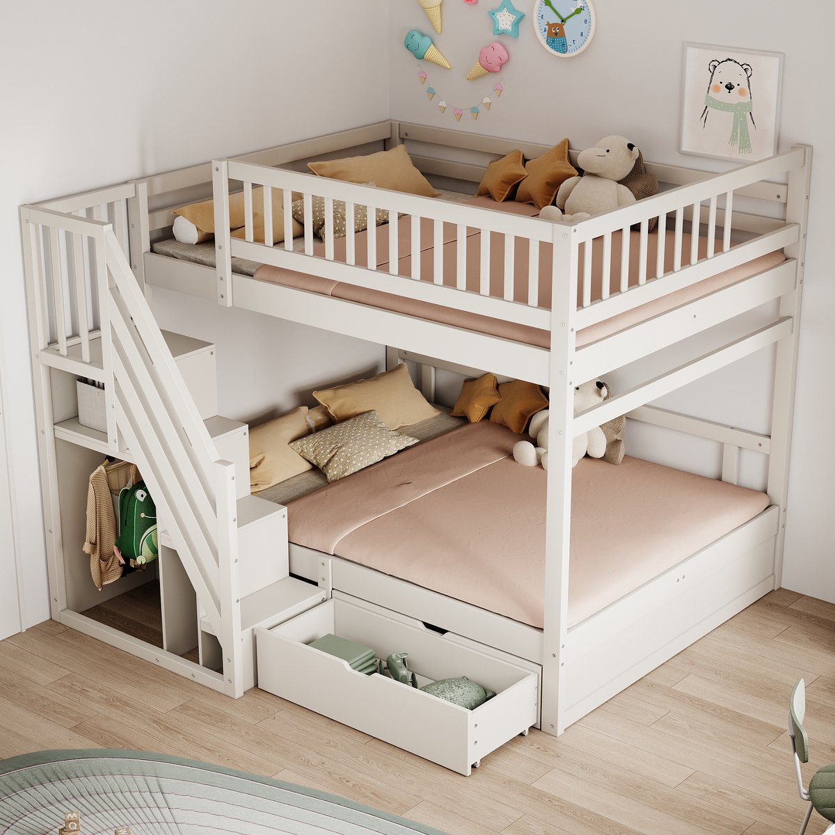 Stapelbed 140x200 cm - Met opbergtrap en opberglade - Wit - Hoog veiligheidsrek op beide verdiepingen - Massief grenenhouten frame - Inclusief lattenbodems