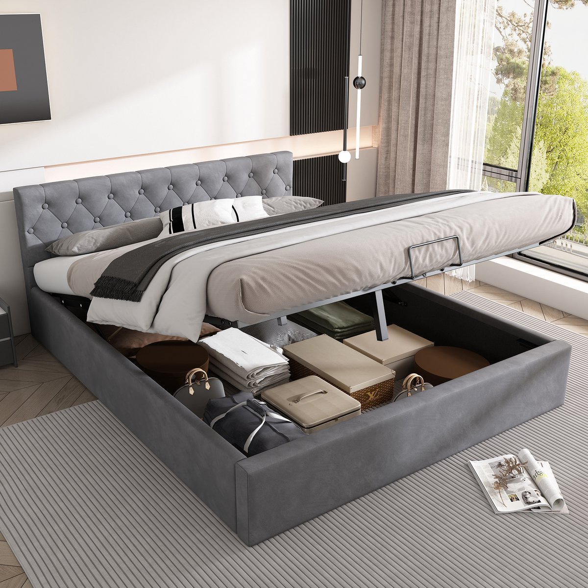 Gestoffeerd opbergbed met knopen - Hydraulische opberging - 140x200 cm - 2 personen - Grijs fluweel - Inclusief lattenbodem - Max. 226 kg - Elegant en praktisch