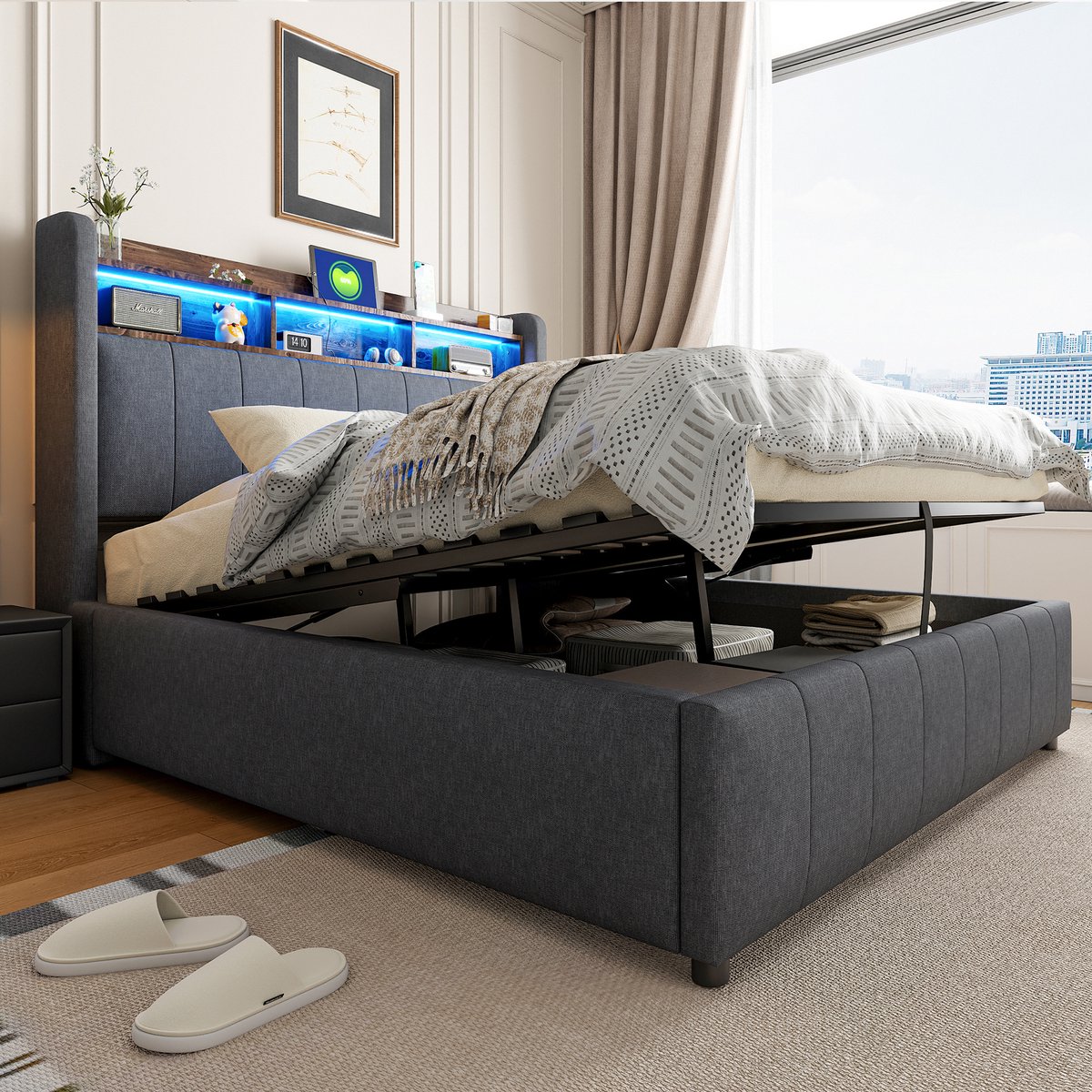Gestoffeerd opbergbed met LED-sfeerverlichting en USB-oplaadpoorten - 140x200 cm - 2 personen - Grijs linnen - Hydraulische opbergruimte - Opbergvakken in hoofdeinde - Stabiel frame tot 250 kg