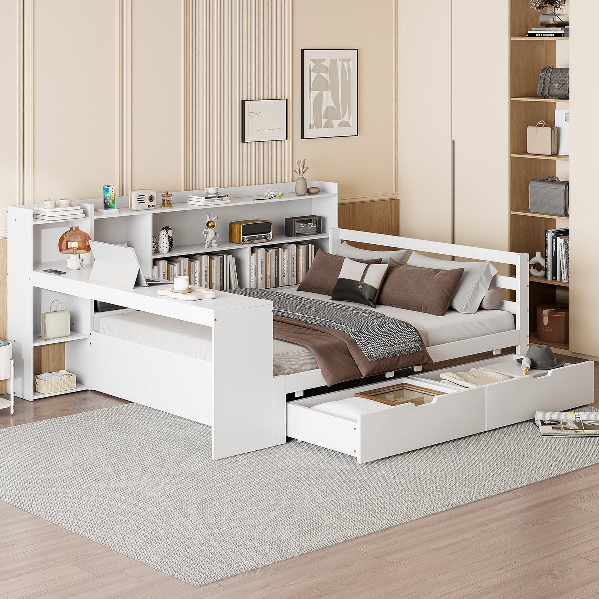 Houten slaapbank met bureau, boekenkast en laden - multifunctioneel voor thuiskantoor en logeerkamer - 140x200 cm tweepersoons - wit - met stopcontact en 2 opberglades - massief grenen frame - 15-delige lattenbodem inbegrepen