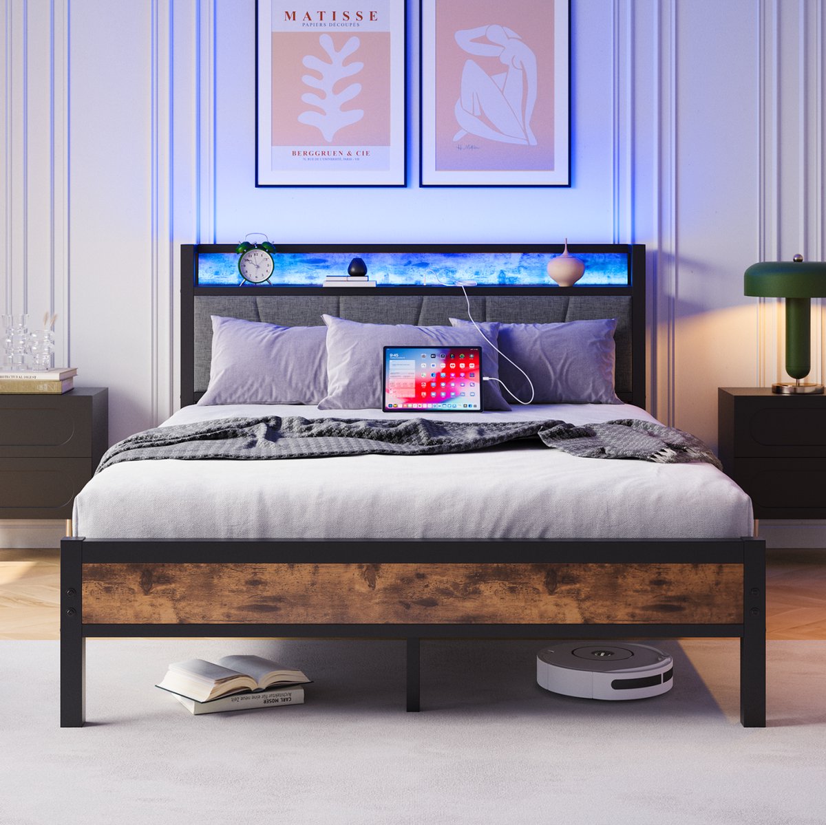 Metaal bedframe 140x200 cm - opbergkopbord met LED-verlichting en USB - tweepersoons - grijs - stevige metalen latten tot 200 kg - geruisloos - 27 cm onderbed opbergruimte