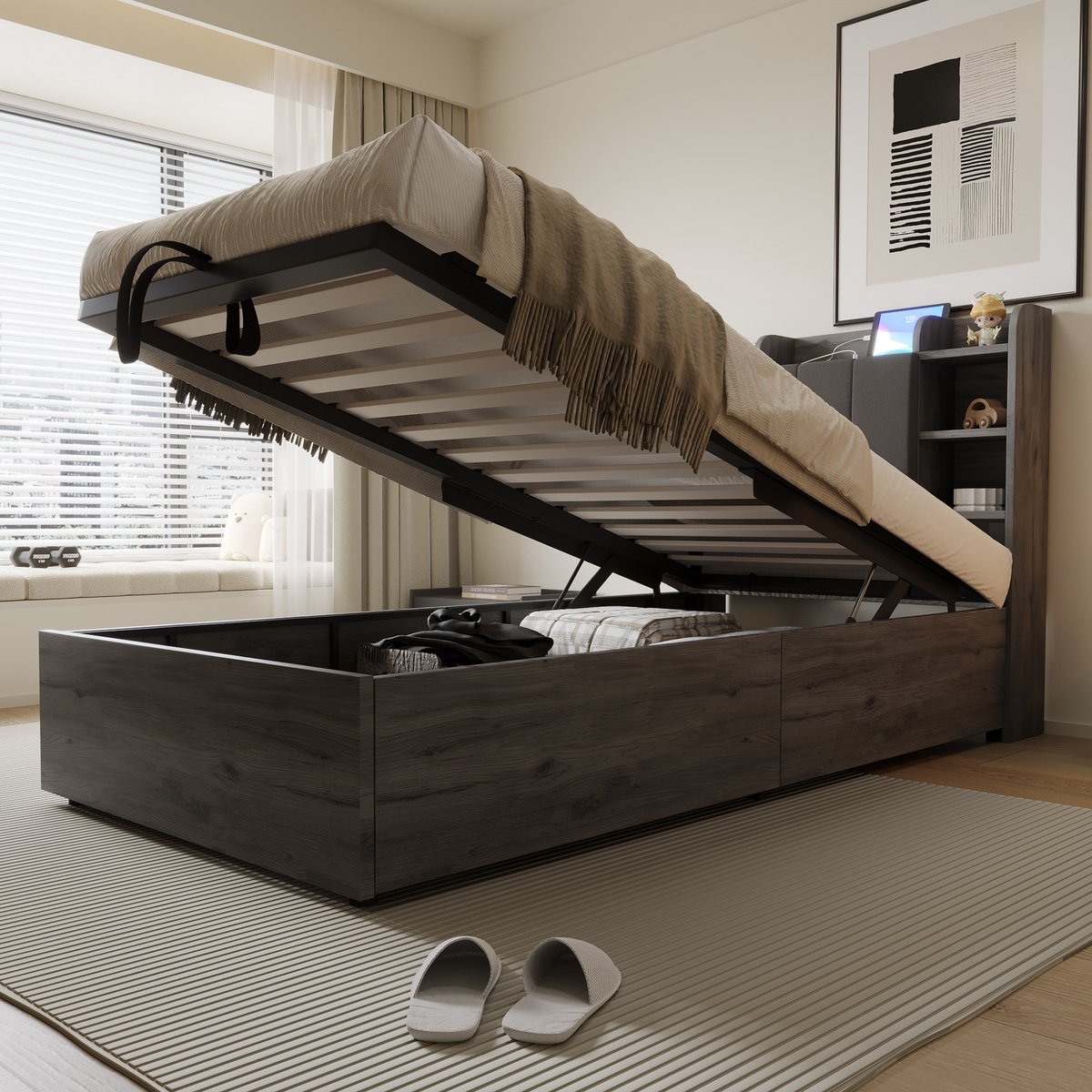 Houten hydraulisch eenpersoonsbed - met USB/Type-C en opbergruimte - 90x200 cm - grijs - hoofdeinde met opbergvakken en verborgen compartiment - hydraulische opbergbak onder het bed