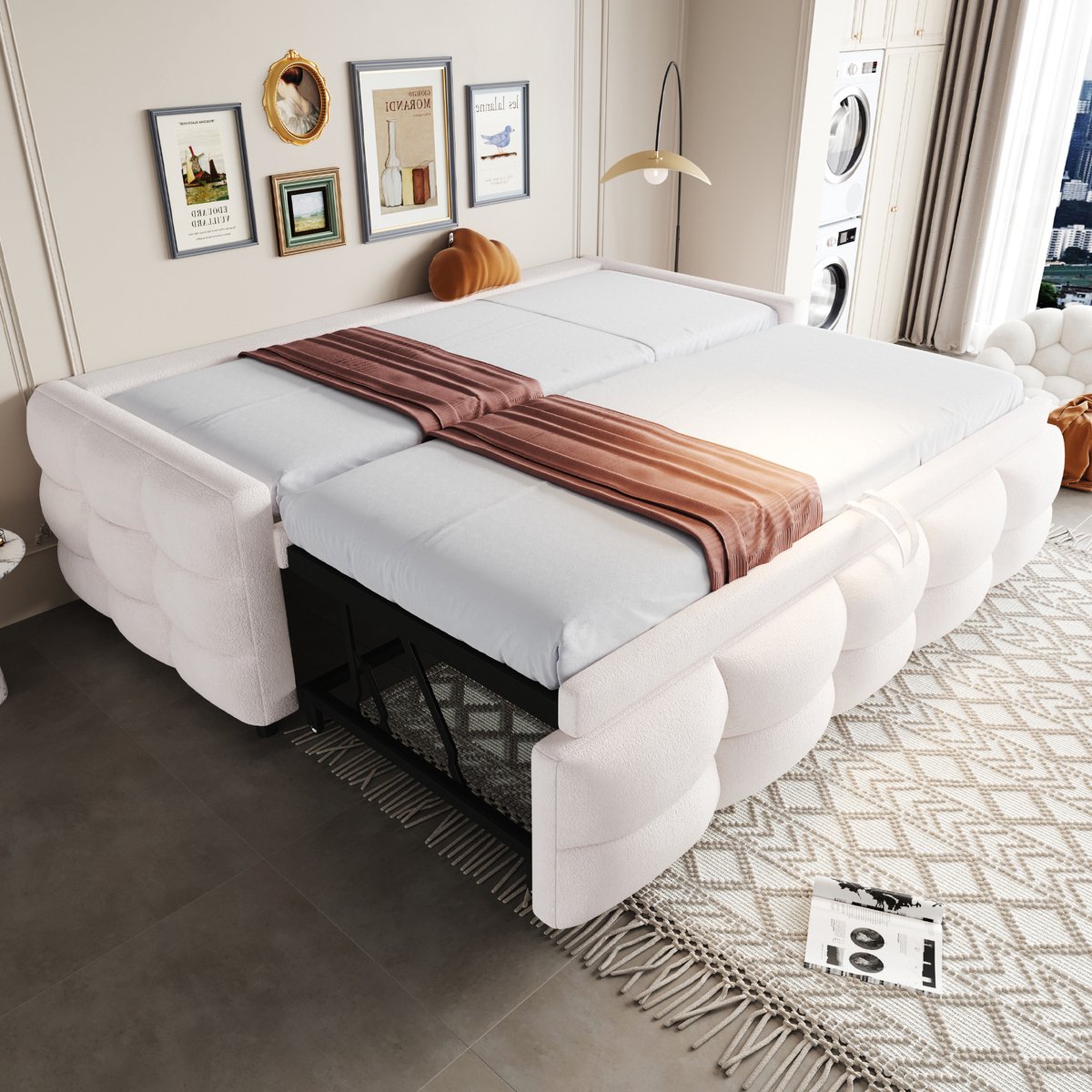 Uitschuifbare slaapbank teddy stof - 90/180x190 cm - Beige - Van eenpersoons naar tweepersoons - Zachte teddy bekleding - Inclusief lattenbodem - Zonder matras