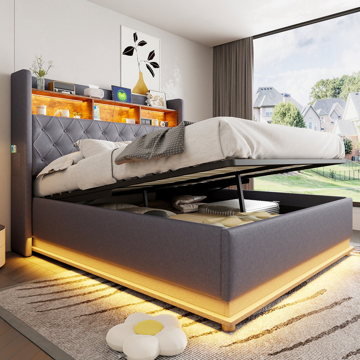 Gestoffeerd bed met LED en hydraulische opberging - multifunctioneel voor slaapkamer - 160x200 cm tweepersoons - grijs - met USB-laadpoort en linnen bekleding - stevig metalen frame