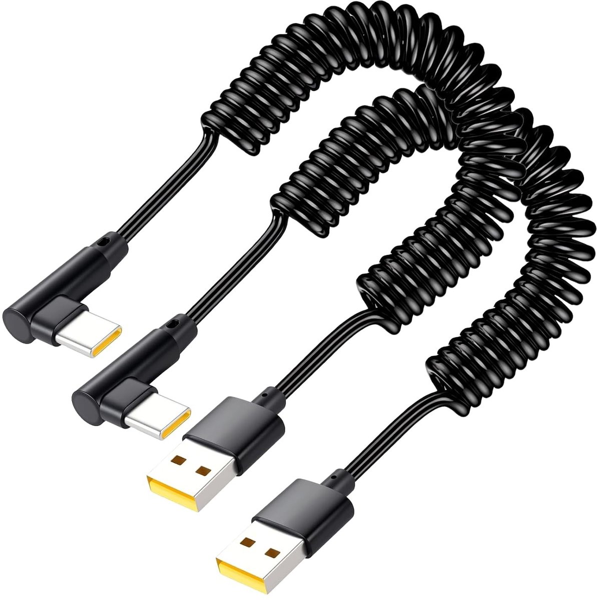 2-pack Spiralen Kabel 0.4-1 m 90° USB A naar USB-C Snelladen voor Android Auto en CarPlay, Geschikt voor Smartphones en Tablets