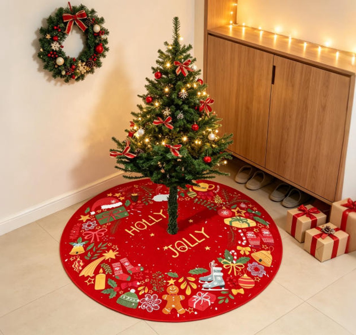Kerstboomrok van 90 cm, zachte kerstboom en kerstboommat met sneeuwvlokken, met schattige cadeautjes/belletjes/kerstmutsen voor kerstfeestjes en kerstdecoraties.