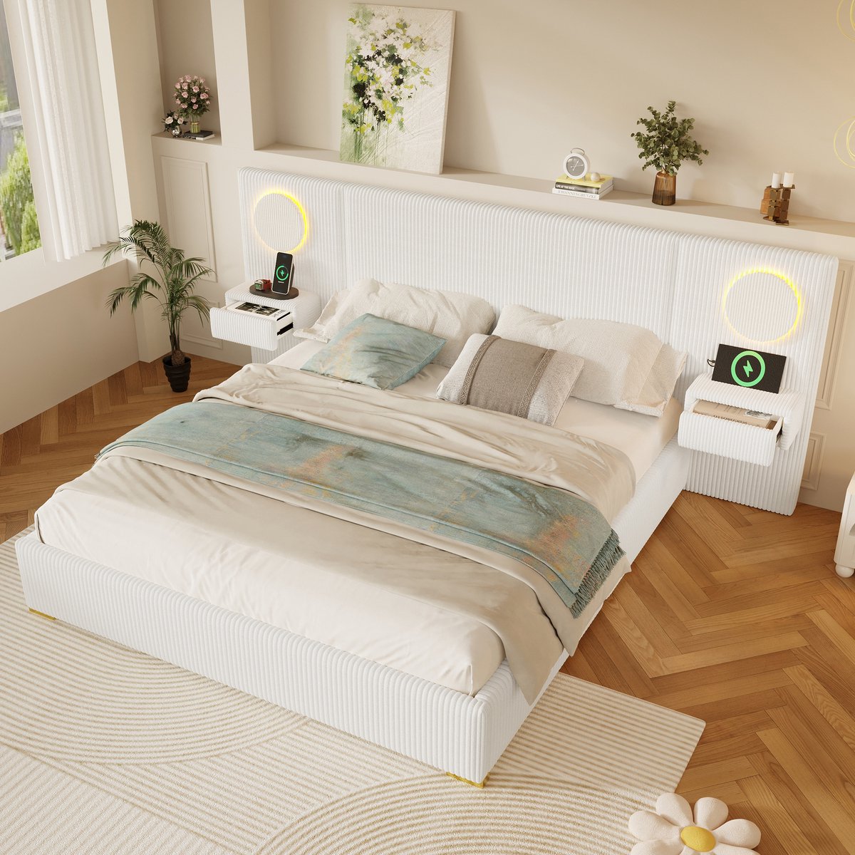 Kinderbed, 180x200 cm fluweel stof gestoffeerd bed met LED-hoofdeinde, USB-poorten & nachttisch laden, beige