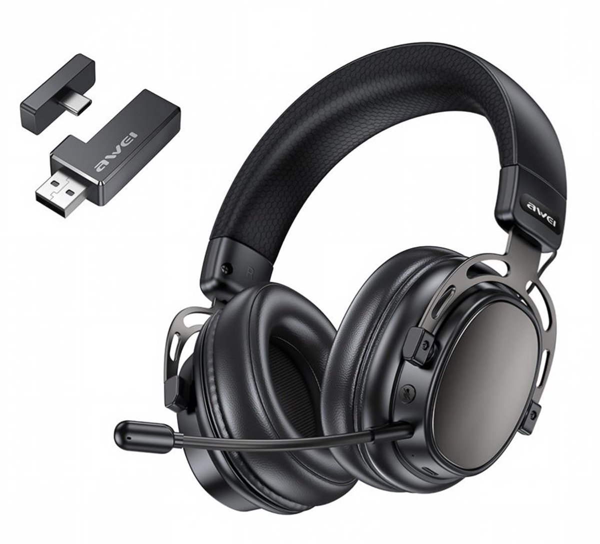 AWEI AT36 - Draadloze Noise Cancelling Koptelefoon - Over-ear - 2.4G Ultralage Latentie - Bluetooth 5.4 - Dual-microfoon ENC & Fysieke Mute Knop – Lichtgewicht 285g & Type-C Opladen - Zwart