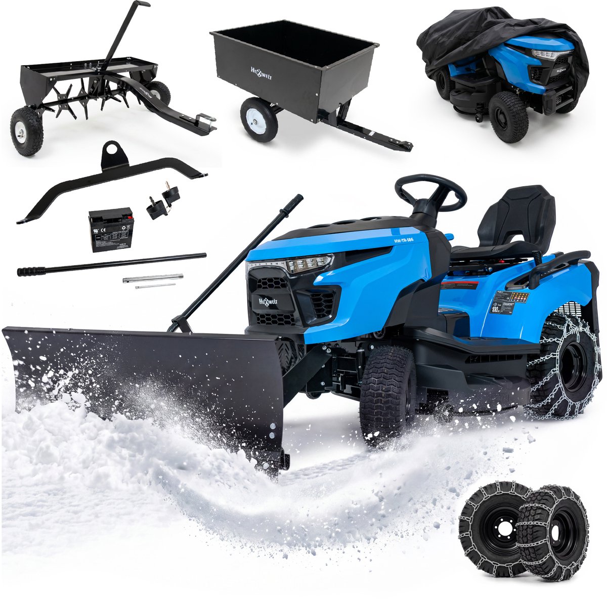 HEXWELT HW-TR-586 Zitmaaier 586cc - Sneeuwschuif - Aanhanger - Gazonbeluchter - Sneeuwkettingen - Beschermhoes