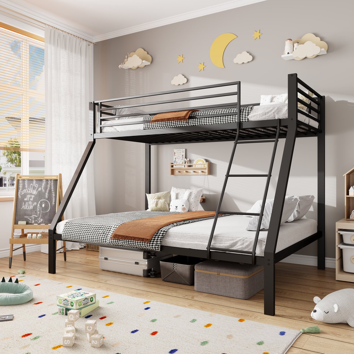 Kinderbed, Stapelbed metaal 90/140 x 200 cm – gezinsbed & stapelbed met valbeveiliging, veiligheidsladder & lattenbodem, stabiele constructie, geluidsarm, voor kinderen, jongeren & volwassenen, zwart