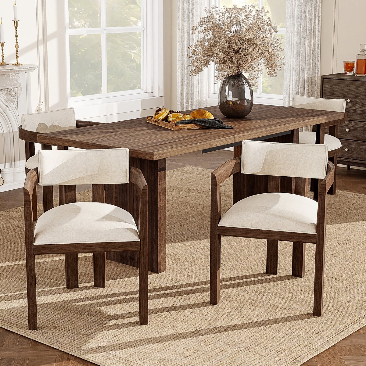 DESMIU Eetkamerstoel Set Van 4 - Met Armleuningen En Linnen Zitting - Modern Voor Eetkamer En Woonkamer - Hout - Walnut