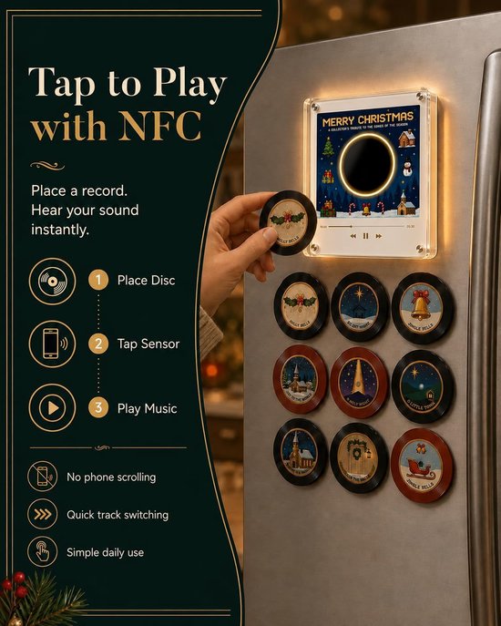 Magnetische Kerst Muziekdoos voor Koelkast - Met 9 NFC Mini Vinylplaten - USB-C Oplaadbaar - Afspeelmogelijkheid Zonder Telefoon - Sfeervolle Kerstdecoratie - SOLLBRY® — afbeelding 3