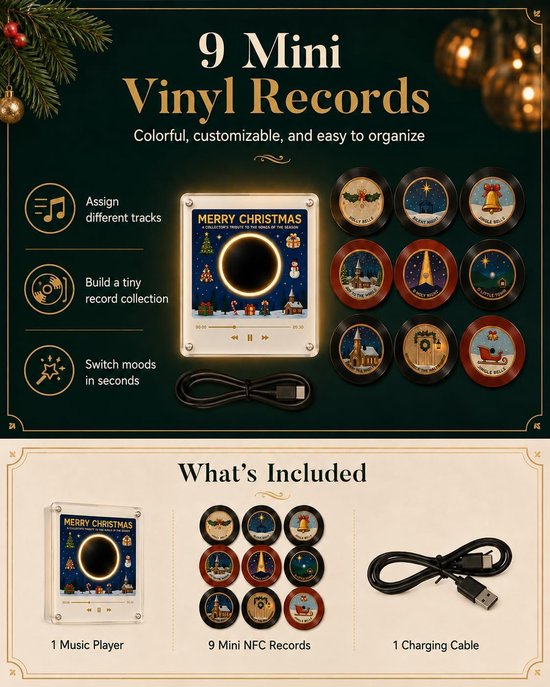 Magnetische Kerst Muziekdoos voor Koelkast - Met 9 NFC Mini Vinylplaten - USB-C Oplaadbaar - Afspeelmogelijkheid Zonder Telefoon - Sfeervolle Kerstdecoratie - SOLLBRY® — afbeelding 5