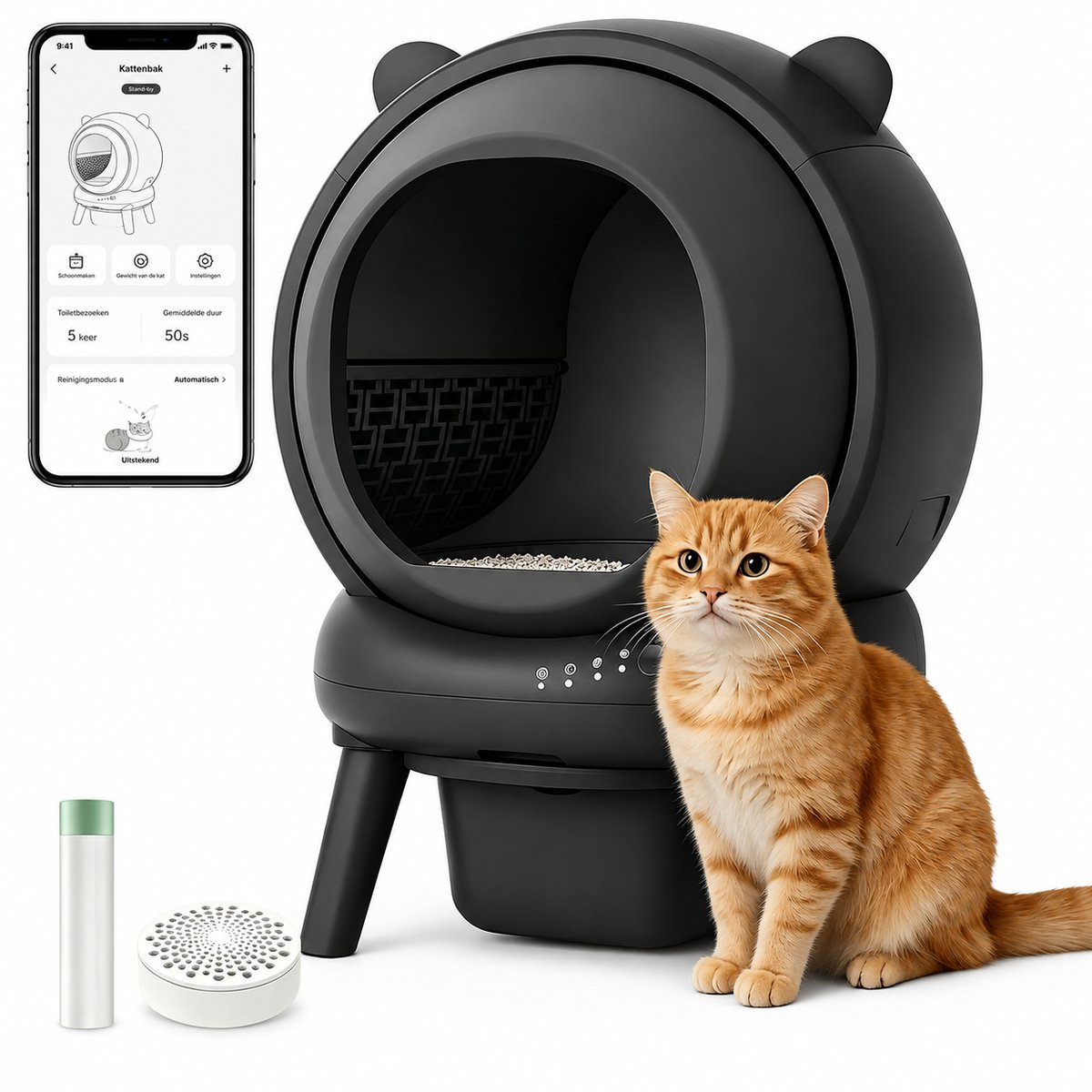 Veya Automatische Kattenbak - Zwart - Zelfreinigende kattenbak - App-gestuurd - Driedubbele geurbestendigheid - Tot 65L
