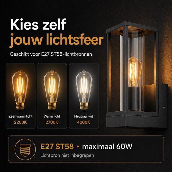 Luminize Buitenlamp met schemersensor - Wandlamp buiten - Dag en nacht sensor - E27 fitting - IP44 aluminium - 14x11x25 cm - Zwart