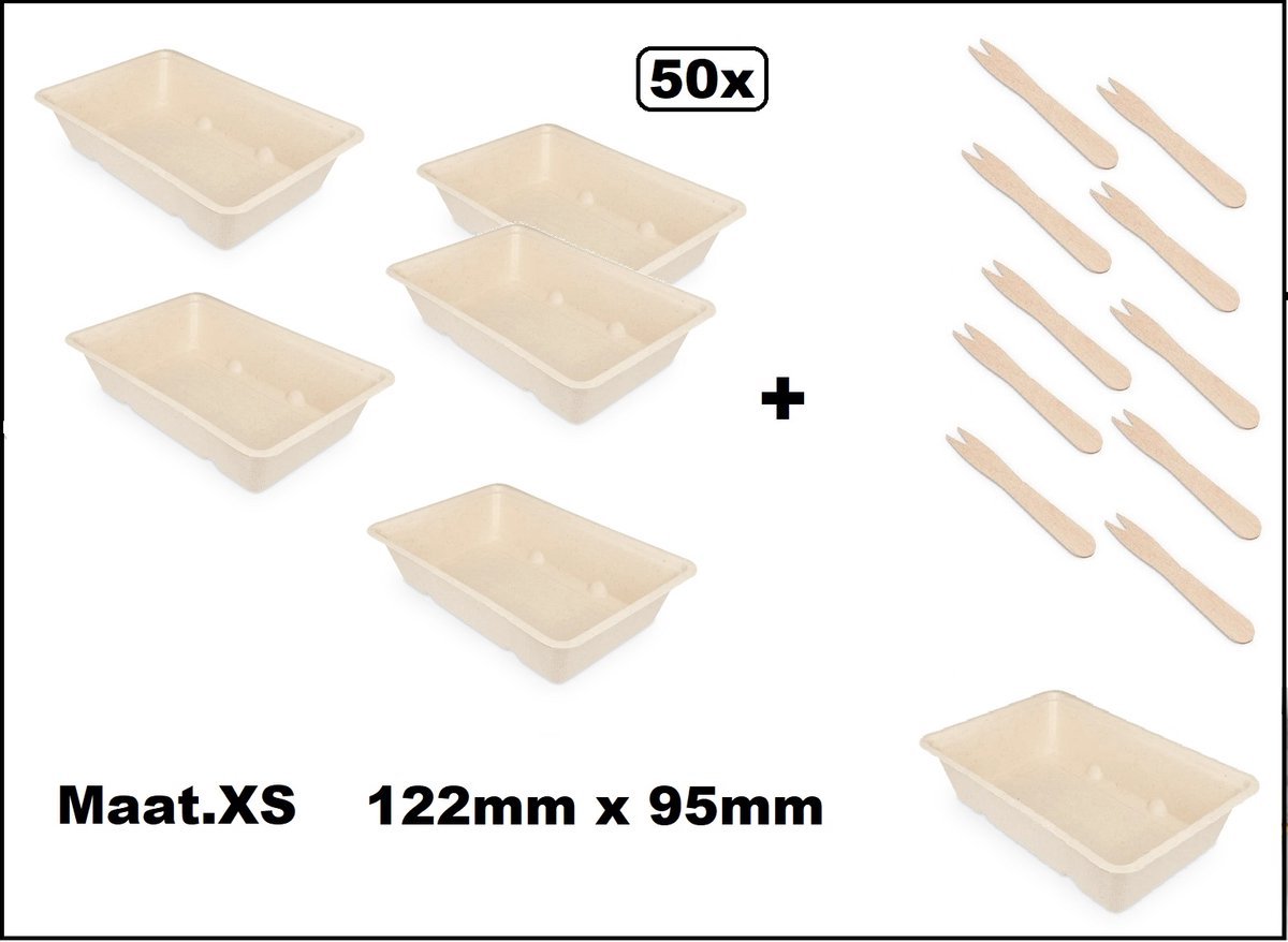 50 stuks Frietbakje + snackvork - mt.XS - 100% biologisch afbreekbaar - Patat friet frites bakje snack bak food menu A7