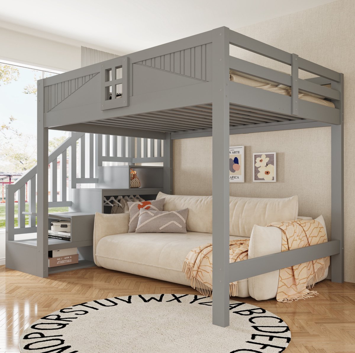 COVREO Hoogslaper 140x200 cm grijs, hout, met trap en opbergruimte
