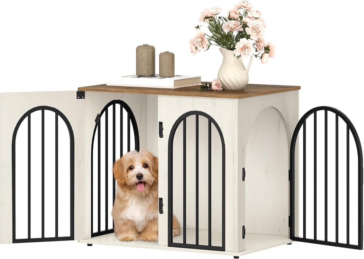 Hondenbench Meubel - Hondenbox Binnen - Veilige Rustplek - Boogdeur Ontwerp - 68 x 48 x 56 cm - Wit Bruin