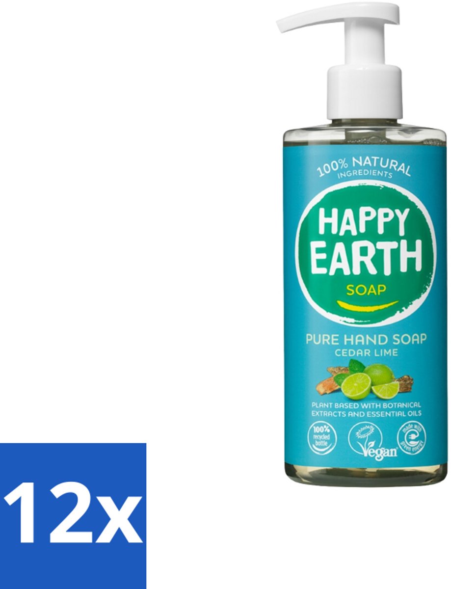 12 x Happy Earth – Handzeep – 100% Natuurlijk Cedar Lime – 300 ml - Natuurlijke Handzeep - Vegan Handzeep - Ceder En Limoen - Handzeep Met Essentiële Oliën - Antibacteriële Handzeep
