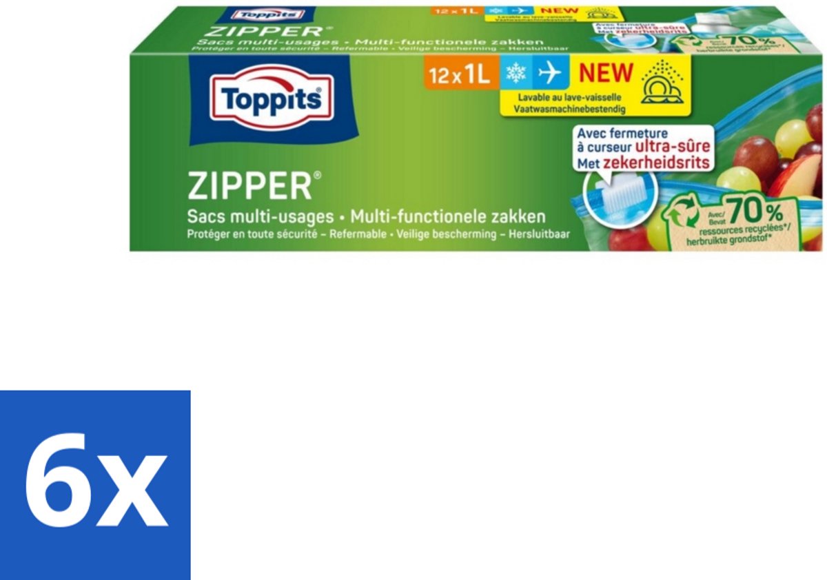 6 x Toppits – Zipper Multifunctionele Zakken – 1 Liter – 12 Zakjes - Zipper Zakken - Lekken - Voedsel Bewaren - Restjes Opbergen - Snacks