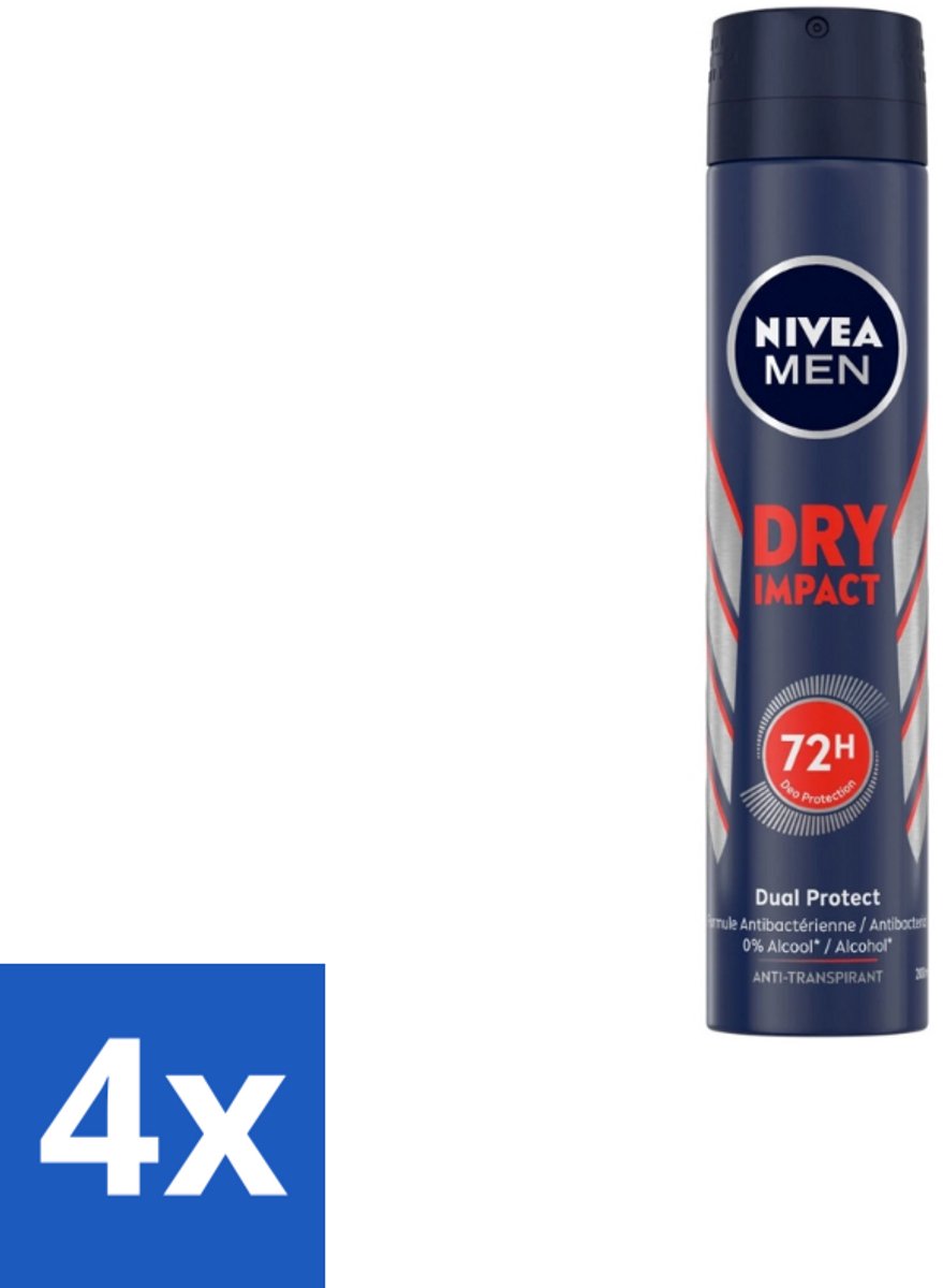 4 x NIVEA MEN – Anti-transpirant spray – Dry Impact – 200 ml - Anti-transpirant Spray - Zweet En Geur - 72u Bescherming - Zweetvorming - Geurvermindering