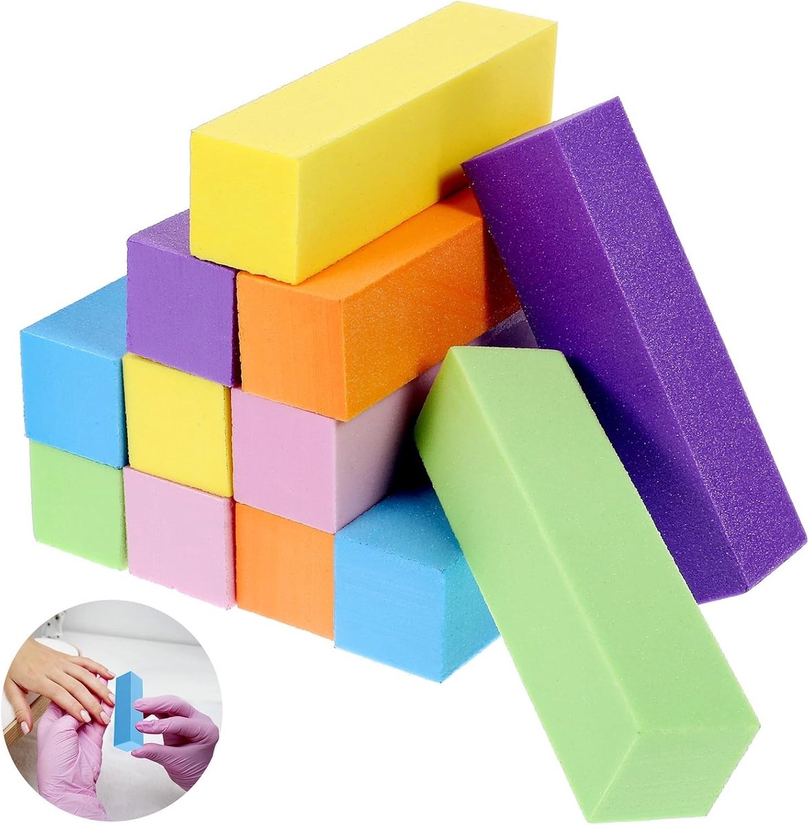 Set van 12 Kleurrijke Nagelvijlen en Schuurblokken, Professionele Nagelverzorging voor Gel- en Acrylnagels, 9.5 x 2.5 x 2.5 cm, Ideaal voor Nagelstyling en Manicure