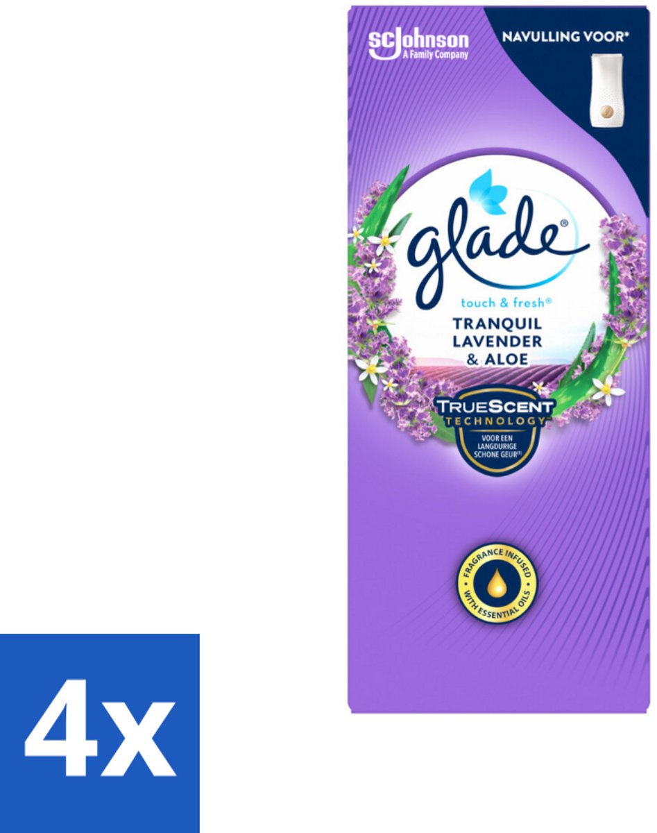 4 x Glade – Touch & Fresh Navulling – Tranquil Lavender & Aloe – 10 ml - Lavendel En Aloë Luchtverfrisser - Compacte Geurboost - Touch & Fresh Navulling - Glade Lavendel Geur