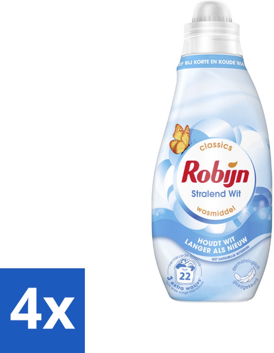 4 x Robijn – Vloeibaar Wasmiddel – Klein & Krachtig Classics Stralend Wit - 665 ml - Wit Wasmiddel - Wit En Licht Was - Wasmiddel Voor Wit - Wasmiddel Tegen Vergeling - Koud Wasmiddel