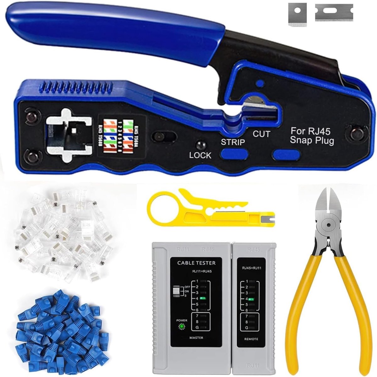 Professionele RJ45 Crimp Tool Set voor Cat5e, Cat6 en Cat6A - Inclusief 20 Connectors, Netwerktester en Draadstripper voor Efficiënt Netwerkbeheer
