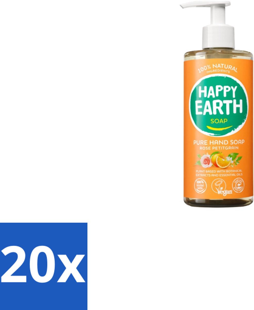 20 x Happy Earth – Handzeep – 100% Natuurlijk Rose Petitgrain – 300 ml - Voordeelverpakking - 20 stuks