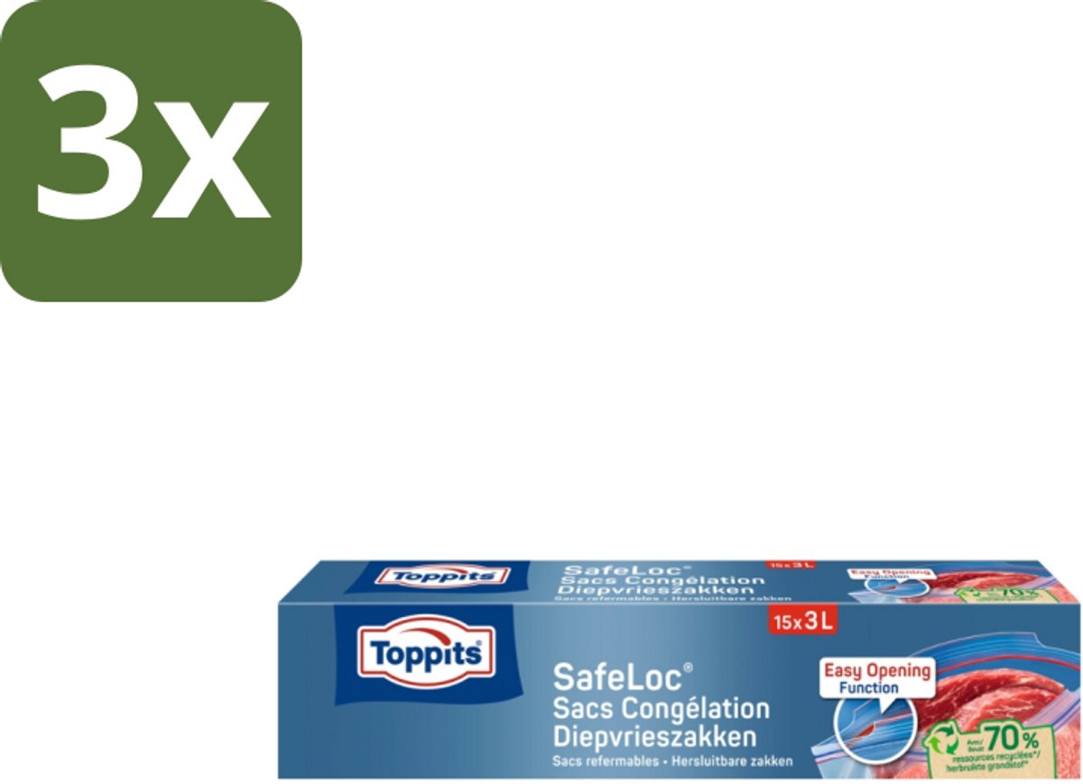 3 x Toppits – Safeloc Zip-Diepvrieszakken – 3 Liter – 15 Zakjes - Koffiezetapparaat