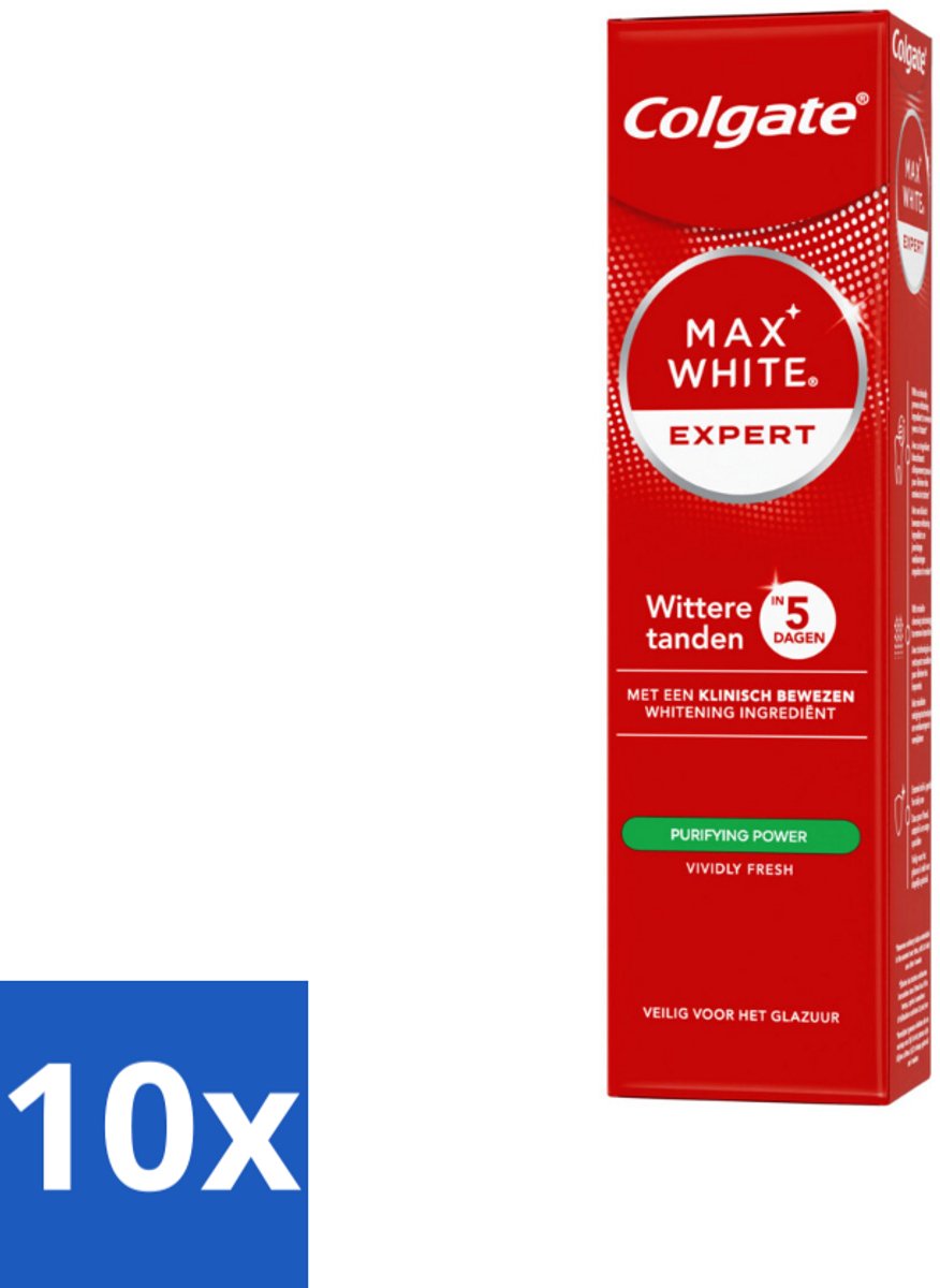 10 x Colgate – Max White Expert Purifying Power – Tandpasta – 75 ml - Witte Tanden - Tandpasta Whitening - Waterstofperoxide - Vlekken Verwijderen - Glimlach Verlichten