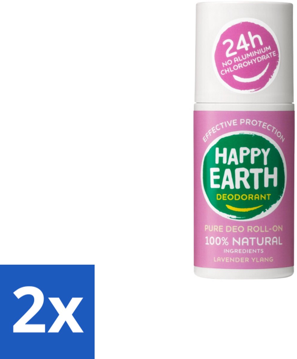 2 x Happy Earth – Deodorant Roll-On – 100% Natuurlijk Lavender Ylang – 75 ml - Natuurlijke Deodorant - Frisse Geur - Lavendel - Ylang-ylang - Huidvriendelijk
